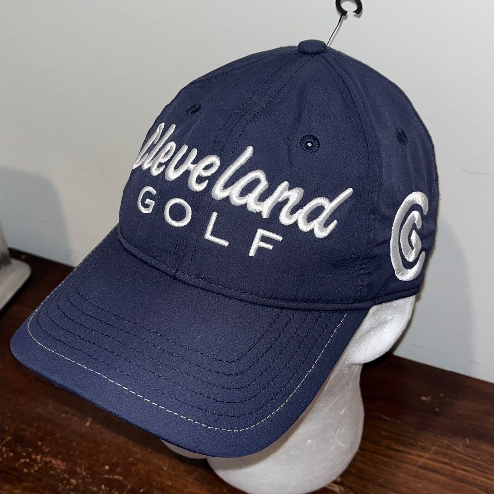 Cleveland Golf Blue Script raised letter white baseball cap hat NWOT
